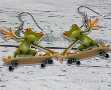 Load image into Gallery viewer, Novelty acrylic skateboard frog earrings
