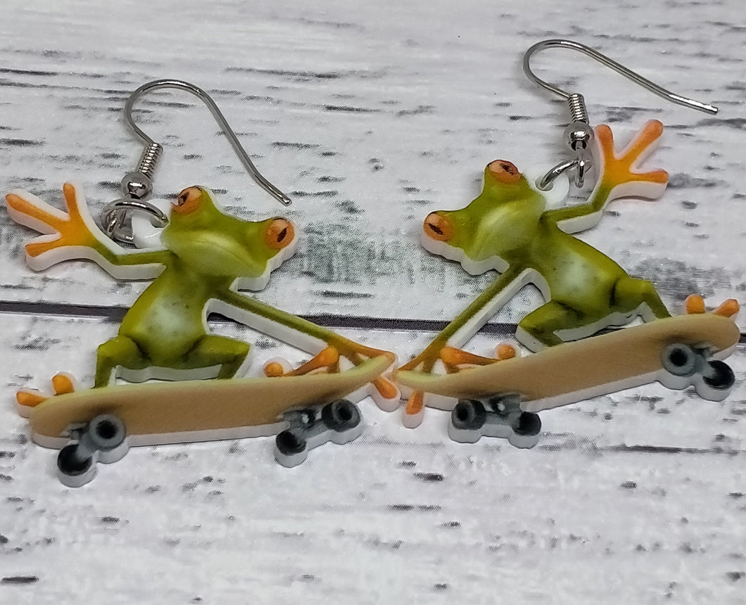 Novelty acrylic skateboard frog earrings