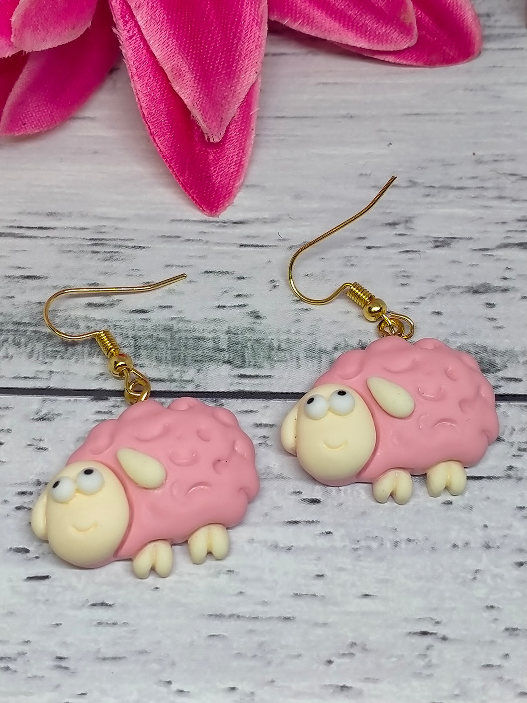 Pink Sheep Earrings - Novelty Fuzzy Animal Jewelry - Handmade Gifts for Her