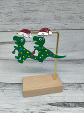 Load image into Gallery viewer, Sparkly Dinosaur Christmas Earrings - Glittery Novelty Dino Jewelry
