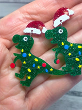 Load image into Gallery viewer, Sparkly Dinosaur Christmas Earrings - Glittery Novelty Dino Jewelry
