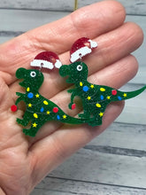 Load image into Gallery viewer, Sparkly Dinosaur Christmas Earrings - Glittery Novelty Dino Jewelry
