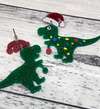 Load image into Gallery viewer, Sparkly Dinosaur Christmas Earrings - Glittery Novelty Dino Jewelry
