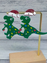 Load image into Gallery viewer, Sparkly Dinosaur Christmas Earrings - Glittery Novelty Dino Jewelry
