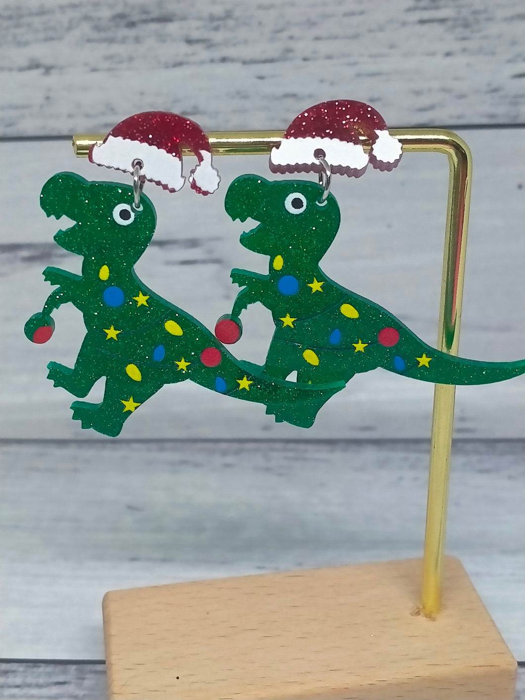 Sparkly Dinosaur Christmas Earrings - Glittery Novelty Dino Jewelry